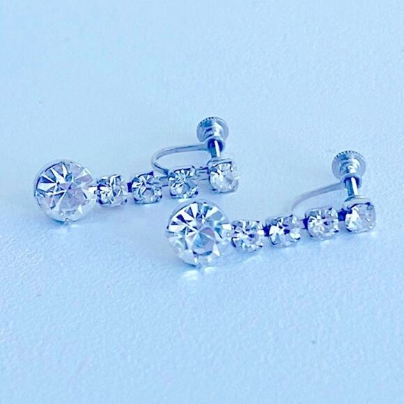 Vtg MCM Rhinestone Drop Dangling Screw-back Earrings, Bride Prom Formal Special - Picture 1 of 8
